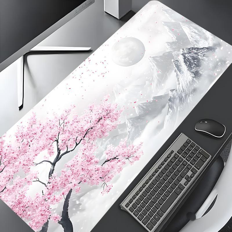 Japanese Cherry Blossom Snow Mountain Design Large Gaming Desk Mat,Pink and white Aesthetic Desktop Drotection Pad,Washable Rubber Pad Non-Slip Lock Edge Multi-Size Desk Mat Suitable For Home Office,Good Gift for Family and Friends, Desk Accessories