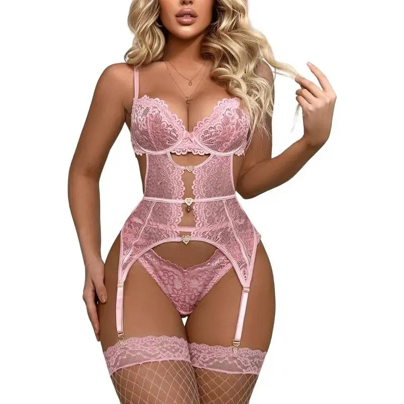 Lady 4-Piece Floral Lace Lingerie Set - Bra, Thongs, Garter Belt, Stockings - Sports Socks Category Compatible Accessory for Date Night, Valentine Gift