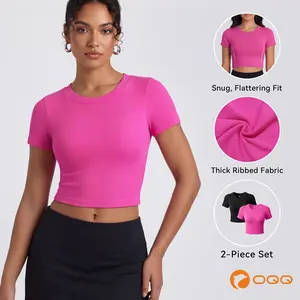 OQQ-Nine cents　Women's Basic Ribbed Crop Top | Slim-Fit Short-Sleeve Summer Tee