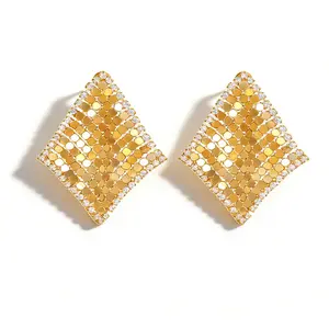 Y2K Cyber 18K Gold Plated Rhombus Sequin Cubic Zirconia Statement Stud Earrings Lightweight Tarnishfree FaceSculpting Jewelry for Music Festivals and Night Out