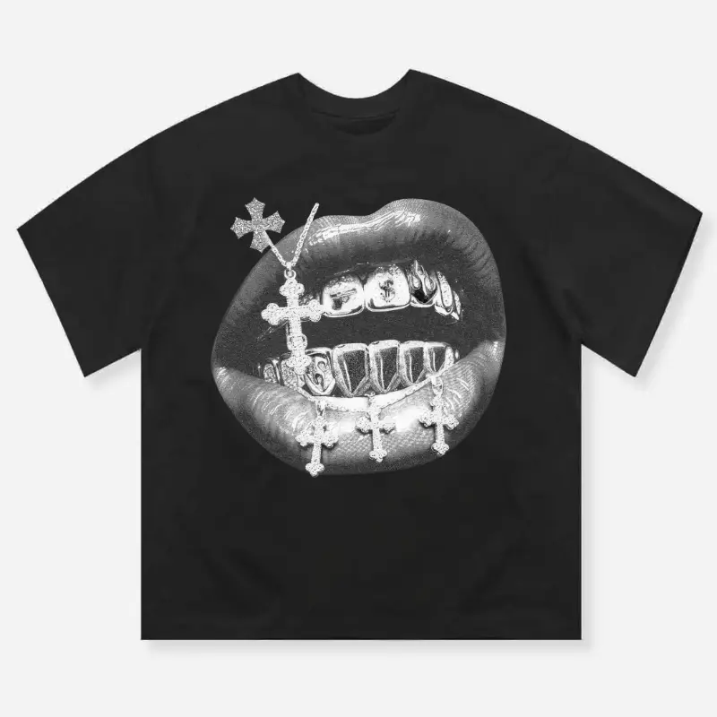 High quality Cross Vintage Grills Black Print Y2k T-shirt, Unisex Cotton Crewneck T-Shirt - Medium, Short Sleeve, Casual Streetwear Tee