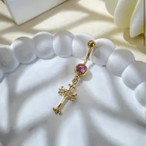 European & American Fashionable Sexy Cross-Shaped Belly Ring with Pink Gemstone, Ideal for Nightclub, Valentine's Day, Carnival, New Year's Day