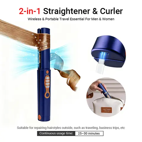 Qawtor Cordless  Mini Titanium Flat Iron- 2-in-1 Styling Tool (Smooth Straightening Curly Hair & Curls), 5000mAh Wireless Hair Tool, Fast-Heat, Up to 210°C/410°F,  Mini Travel  Accessory,  Women's Gifts,Dorm essentials