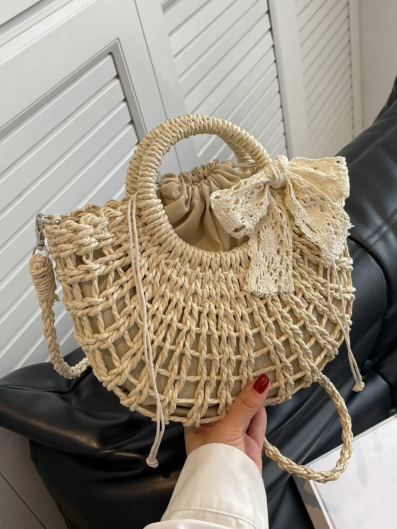 Small niche personalized casual simple solid color woven handbag, lace bow decoration, retro practical texture multi back French single shoulder crossbody bag, suitable for beach vacation and commuting, Crossbody Purse