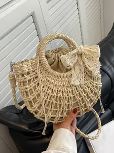 Small niche personalized casual simple solid color woven handbag, lace bow decoration, retro practical texture multi back French single shoulder crossbody bag, suitable for beach vacation and commuting