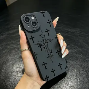 Dark Aesthetic Spiked Cross Phone Case for iPhone 17 Air 16 E 15 Pro Max 14 Plus 13 12 11, Matte Soft Silicone Case, Punk Gothic Gift for Alternative Style Lovers