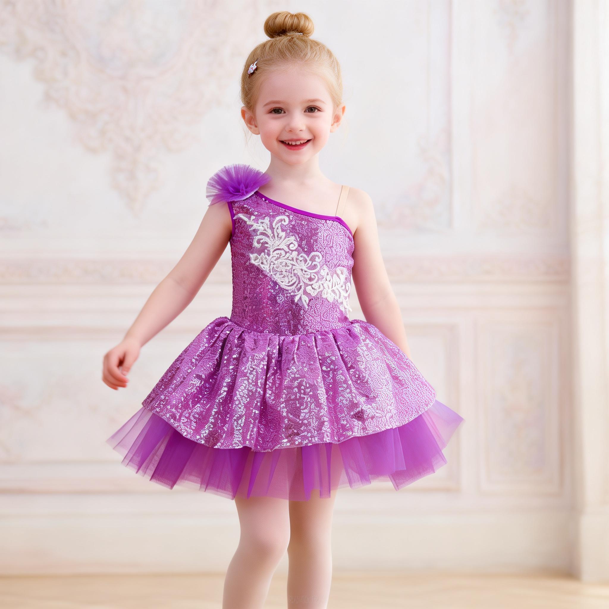 Kids Pink Sequin Ballet Tutu Dress for Girls, One Shoulder Sparkle Dance Costume for Dance Outfit for Stage Show &Party