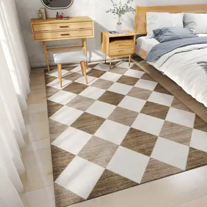 Machine Washable Beige Area Rugs for Living Room Modern Soft Large Checkered Rug Non-Slip Low Pile Accent Indoor Office Carpet for Bedroom Dining Room Nursery Classroom