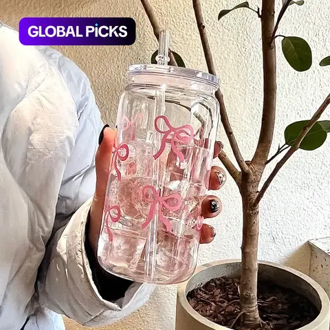 Bow Pattern Traveler Water Bottle, Bottles with Lids, 1-Count Drinking Bottle with Lid and Straw for Tea, Juice and Milk, Cute Portable Drinkware for Office, Classroom, Picnic and Party #GLOBAL PICKS