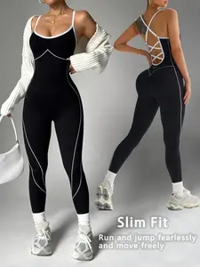 Women's Seamless Colorblock Yoga Jumpsuit, Adjustable Straps, Criss Cross Back Design, Sleeveless, Above Ankle, All Seasons, Sporty Comfy Jumpsuit