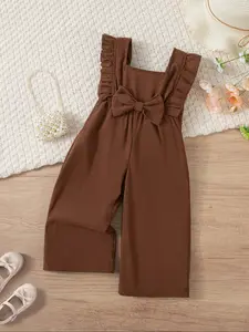 Spring/Autumn Girls' Corduroy Jumpsuit with Fashionable Bow Solid-Color Jumpsuit baby girl Casual Baby Girl Square Neck Ruffled Wide-Leg Trousers Suitable for Outings and School Wear Baby Girl Clothes