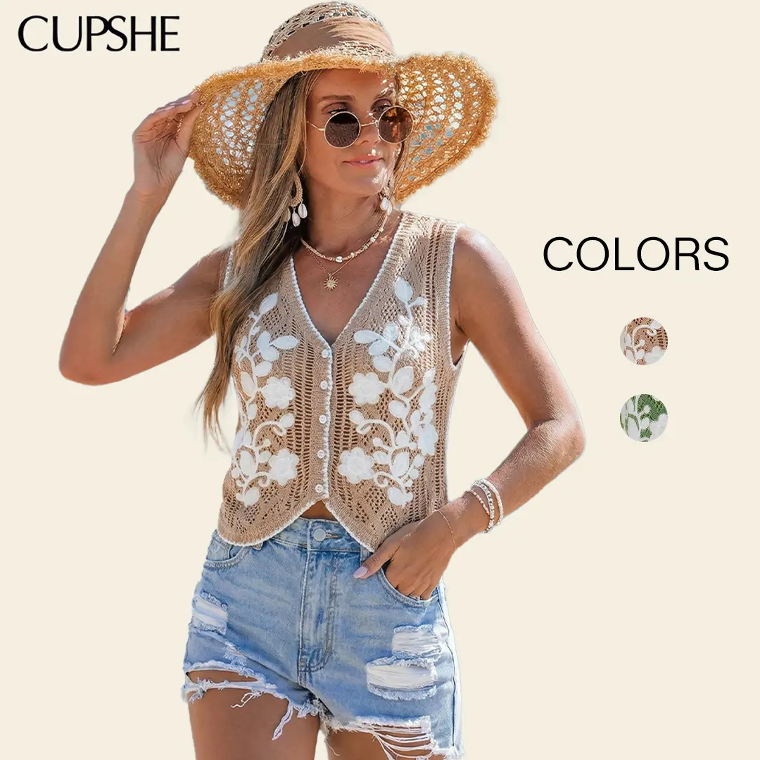 Cupshe Women's Floral Knit Sweater Vest, Casual V-Neck Sleeveless Pullover Top for Everyday Layering, Knitting