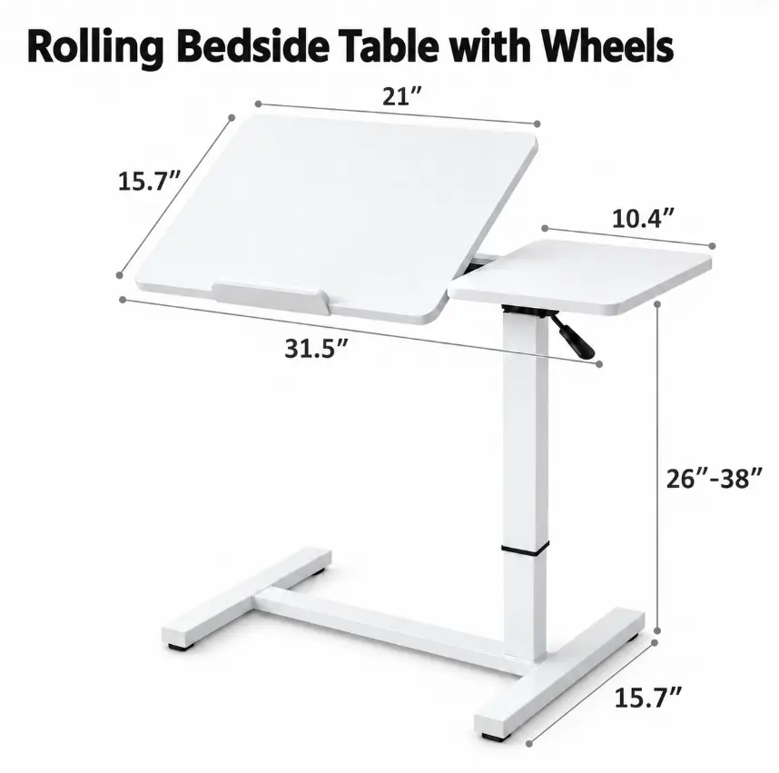 Adjustable Rolling Laptop Desk with Wheels and Tilting Top, Mobile Overbed Bedside Table for Working on a Laptop in Bed or on the Couch, Movable Computer Workstation and Side Table for Bedroom, Living Room and Home Office