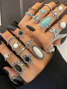 Bohemian Vintage Style Ring Set - Mixed With Simulated Diamond & Crystal, Suitable For Daily Fashion And Festival Nights (No Box)