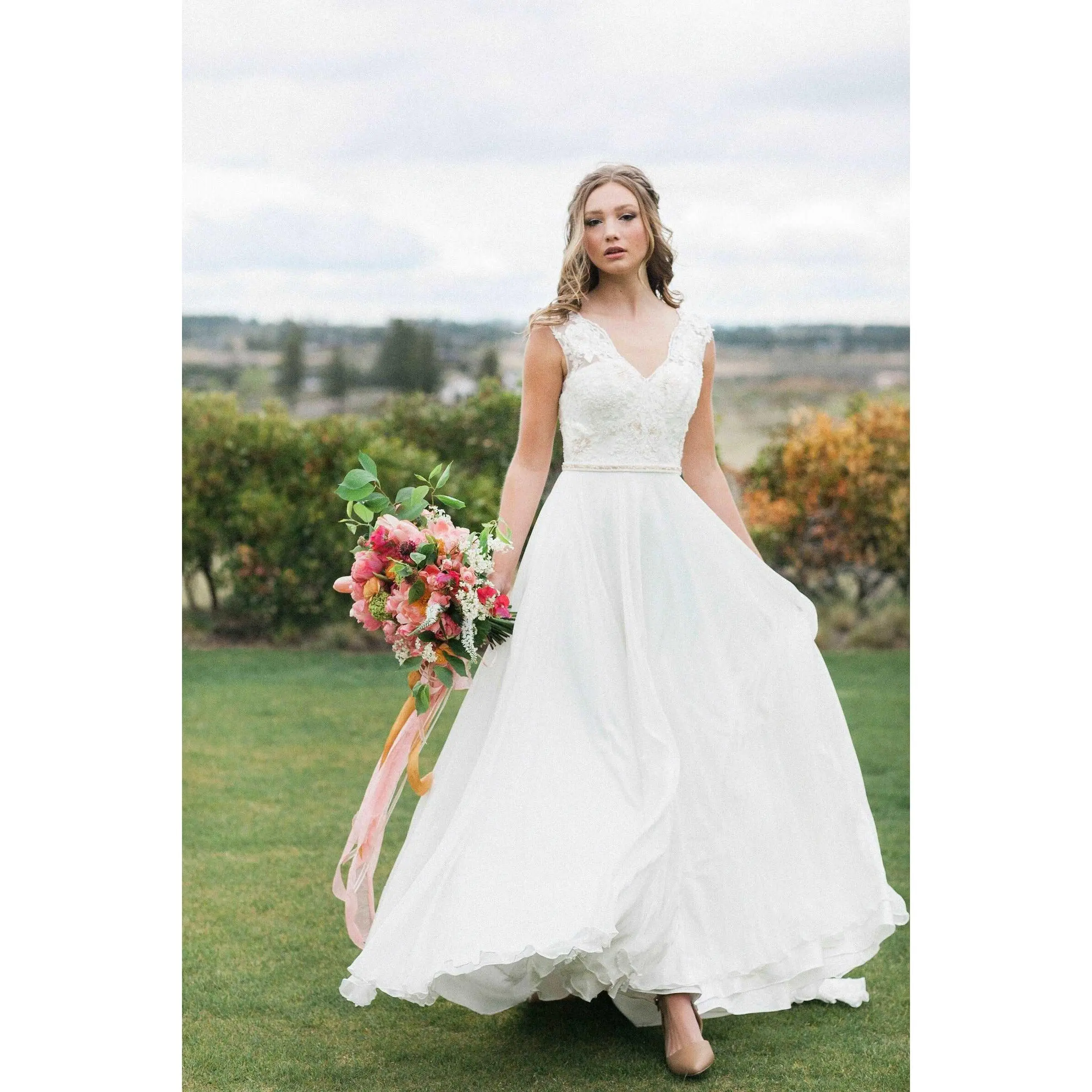 Light Ivory Sheath Wedding Gown with Rose Gold Beaded Lace Bodice, Chiffon Skirt, Sweep Train, and Zipper Closure