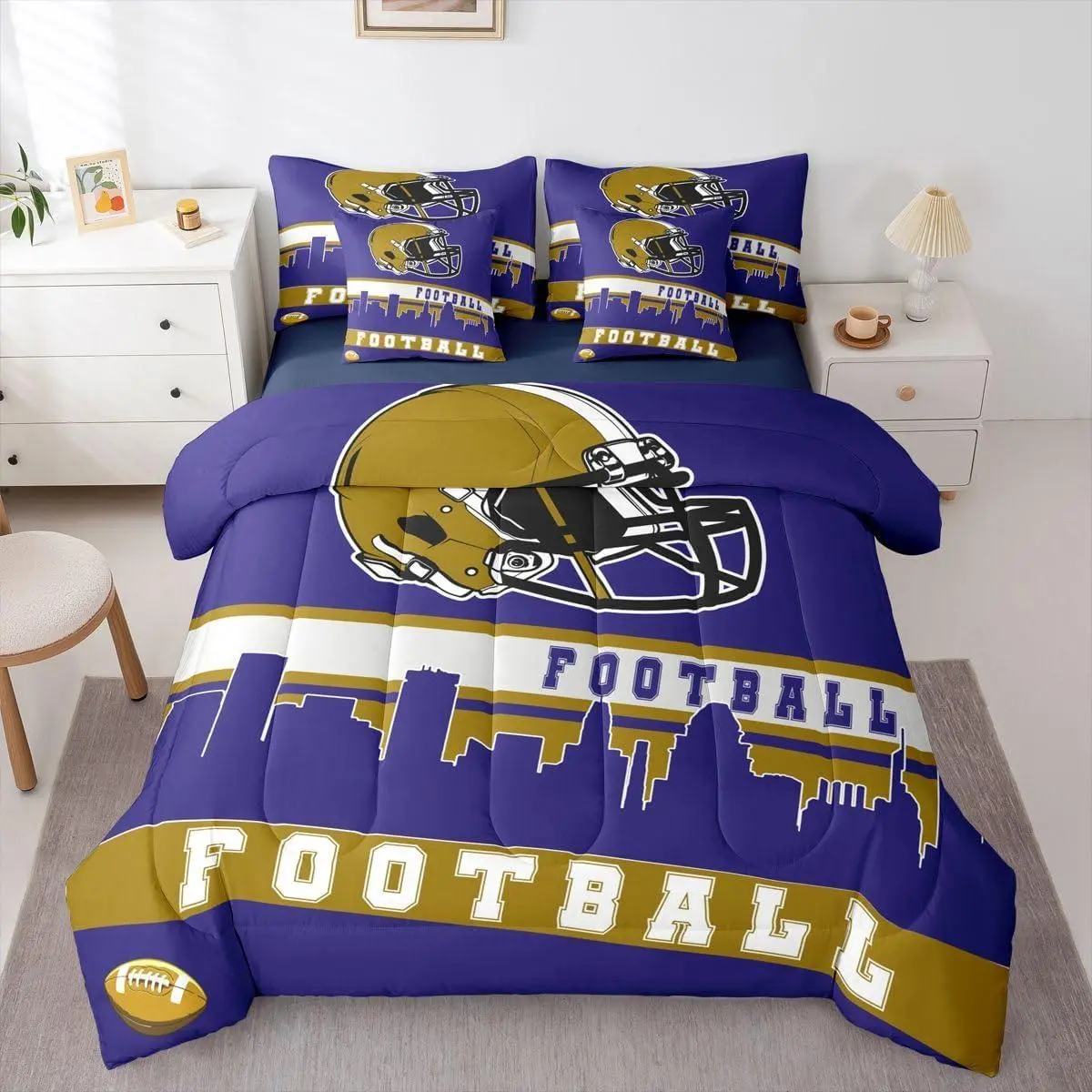 Football City 7 Pcs Comforter Bed Set,Football Bedding Kids Purple Rugby Game Sheet Set,Bed Bag,Football Fans Bedroom Decor Sports Ball Competition Bed Set