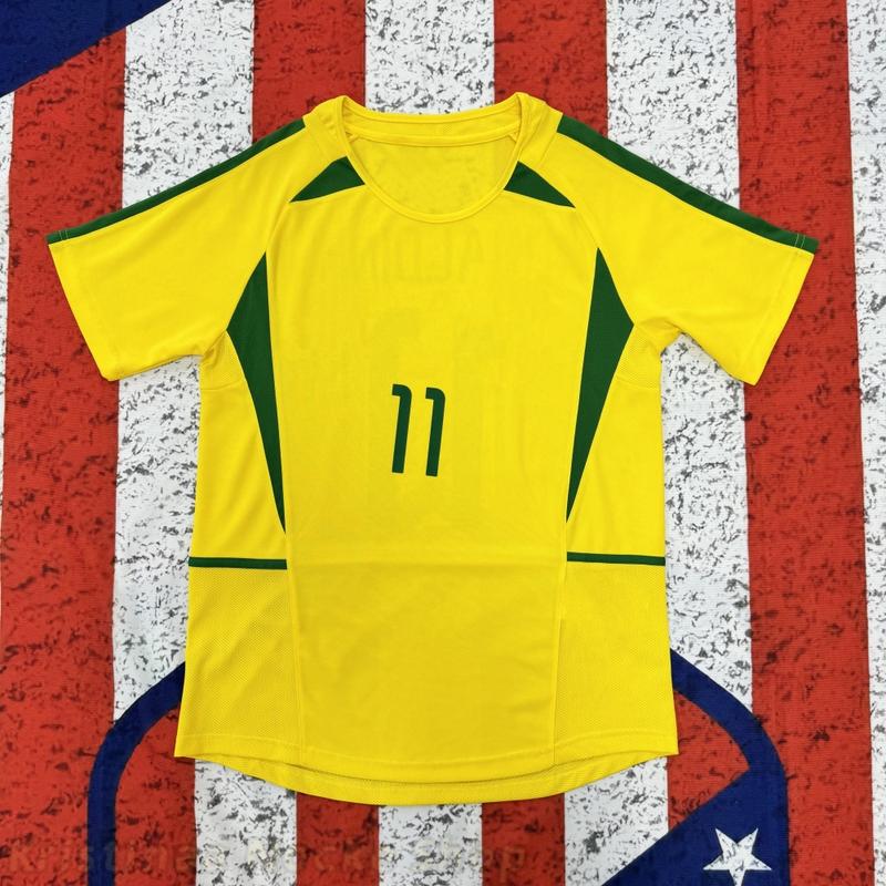 2002 Brazil Home Retro Jersey #11 Ronaldinho Yellow Short Sleeve Soccer Jersey