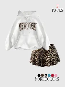 Women's Warm Hooded Sweatshirt & Leopard Print Pleated Skirt Set, Casual Loose Fit Fall Winter, Comfortable Fashion Clothing