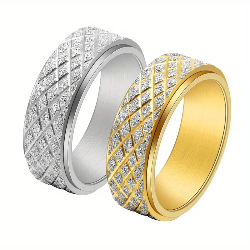 Men's Retro Geometric Checkered Double Layered Rotatable Stainless Steel Ring - Stackable Finger Rings, Casual Fashion Costume Jewelry Accessory, Stainless Steel Rings