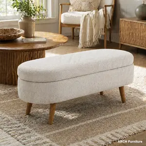 Handmade Pleated Fabric Oval Storage Ottoman Bench - Rubber Wood Legs, Beige Indoor Organization Furniture, 43.5"x16"x16" Apartment Stool