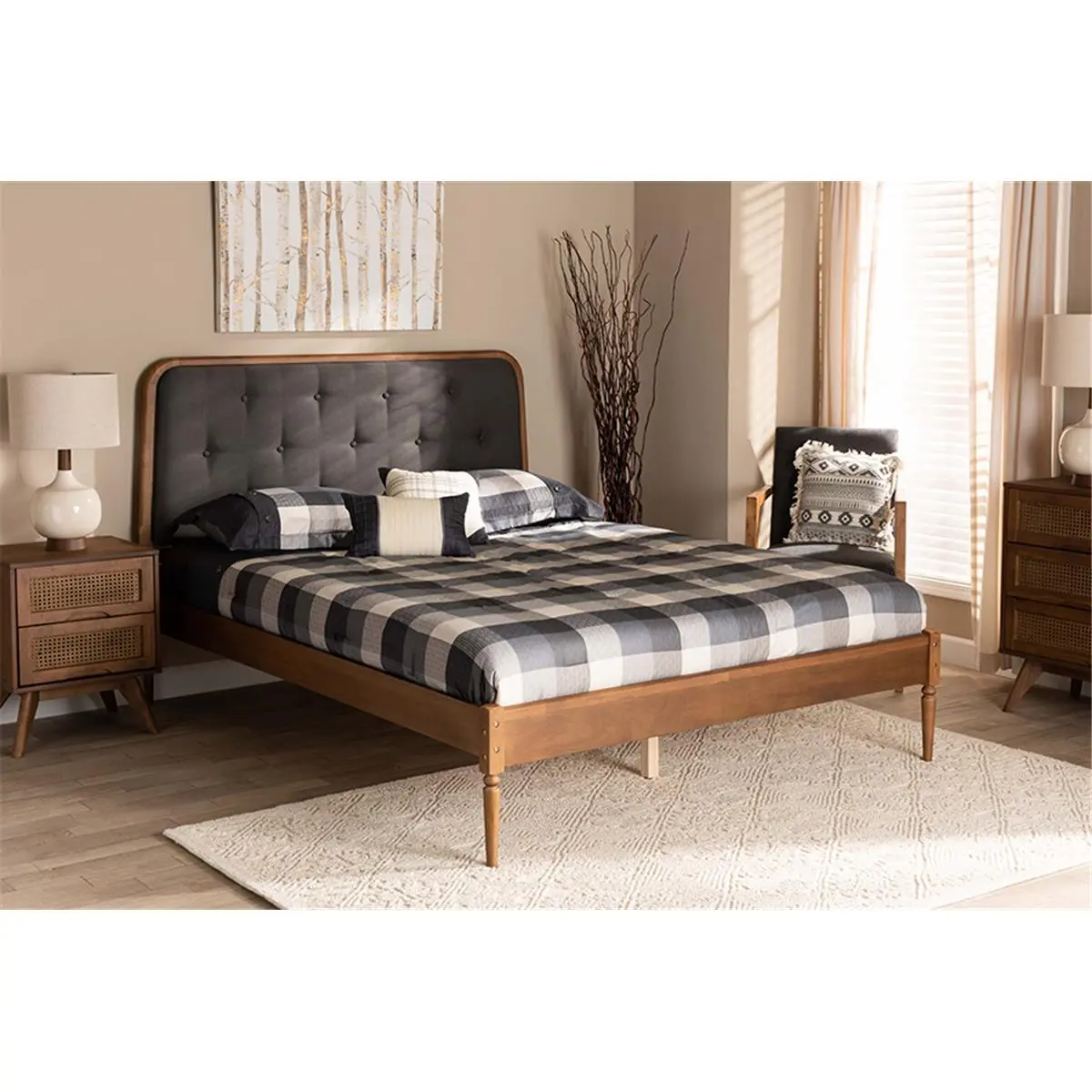 212 MAIN Diantha Classic Full-Size Platform Bed - Curved Top Button Tufted Headboard, Dark Grey Fabric Upholstery, Rubberwood Walnut Brown Finished Frame Material Base (Model MG0061, Wood Effect Beds), Curved Top Beds