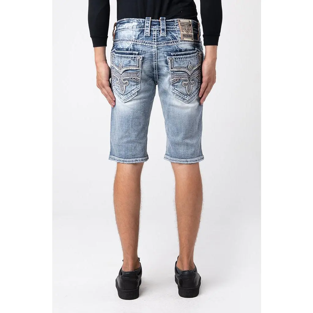 Rock Revival Men's Dimitri Mid-Thigh Loose-Fitting Stretch Denim Jean Shorts - Casual, All Seasons, Above the Knee, Patchwork, Fleur-de-Lis Distressed Embroidery, Button, Leather Accent, Pocket, Washed Retro Streetwear, Final Sale Menswear