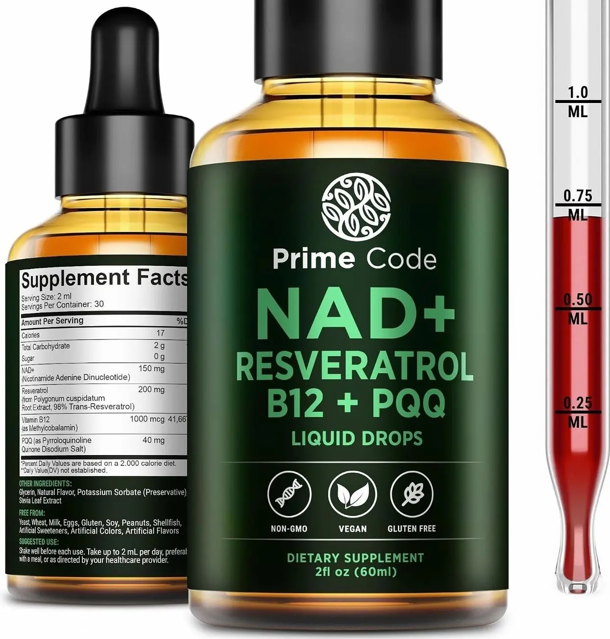 Prime Code NAD+ Liquid Drops with Resveratrol, Vitamin B12 & PQQ – Advanced Cellular Energy & Antioxidant Support – Vegan, Non-GMO, Gluten Free – Fast Absorption Supplement for Men & Women, 2 fl oz