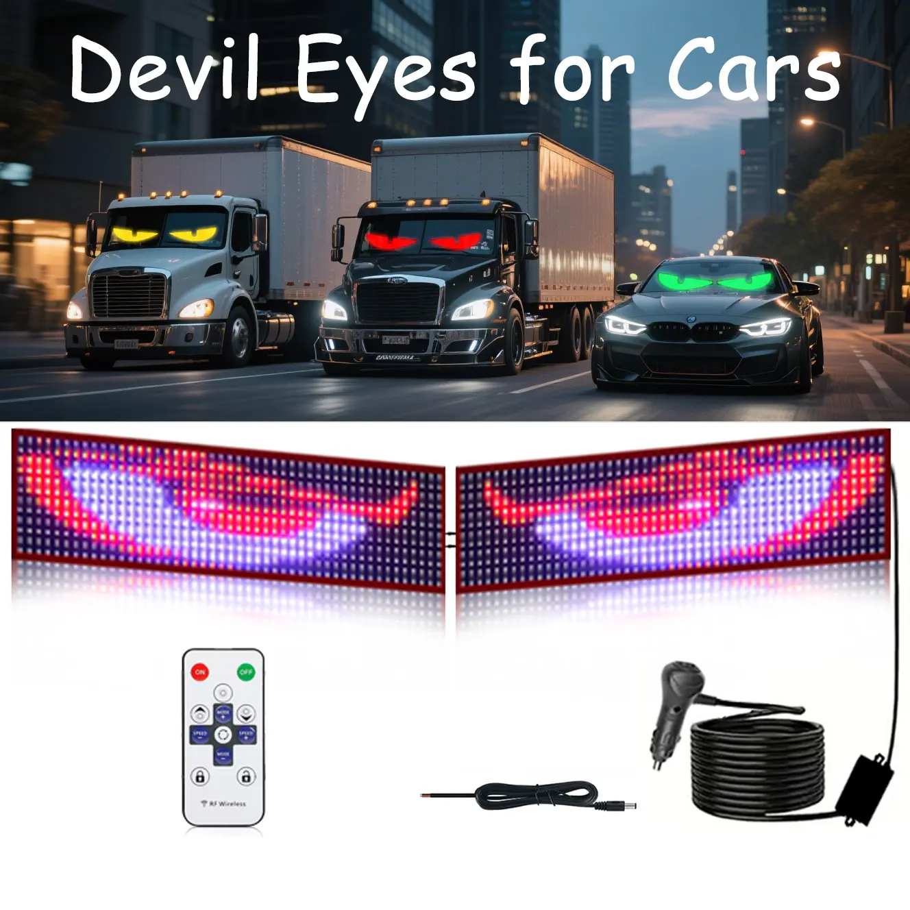 Devil's Eye LED Lights for Windshield – 23.6" x2 / 47.2" Flexible Screen, Remote Control Only, Pre-Programmed Patterns, Plug & Play, for Car SUV Truck Semi-Trailer
