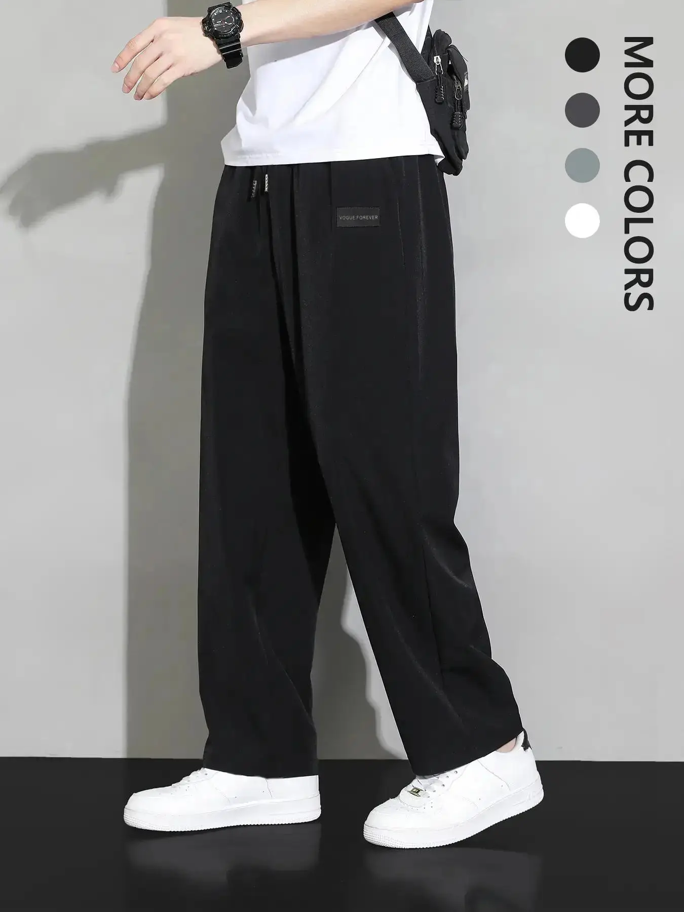 Men's Letter Patched Drawstring Waist Straight Leg Pants, 2000s Pants for Men, Loose Casual Pocket Elastic Waist Trousers for Spring & Fall, Fashion M