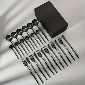 24-Piece Silverware Set for 6, Stainless Steel Flatware Set Matte Black , Modern Brushed Thick Cutlery Set with Spoons Forks