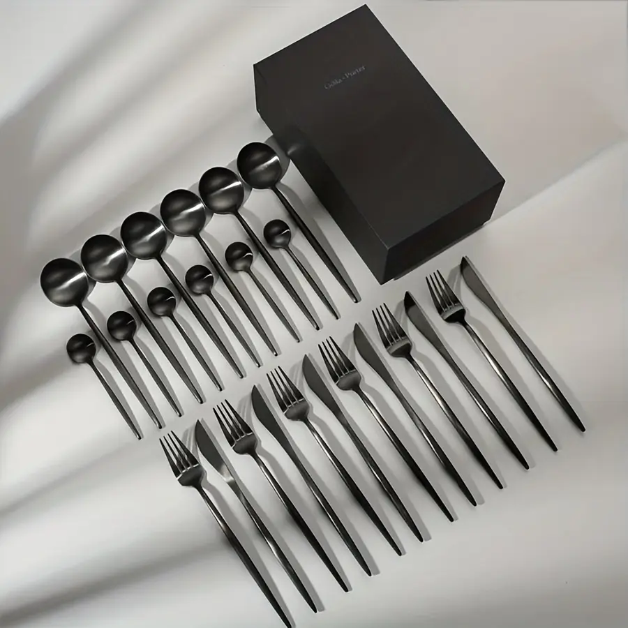 24-Piece Silverware Set for 6, Stainless Steel Flatware Set Matte Black , Modern Brushed Thick Cutlery Set with Spoons Forks