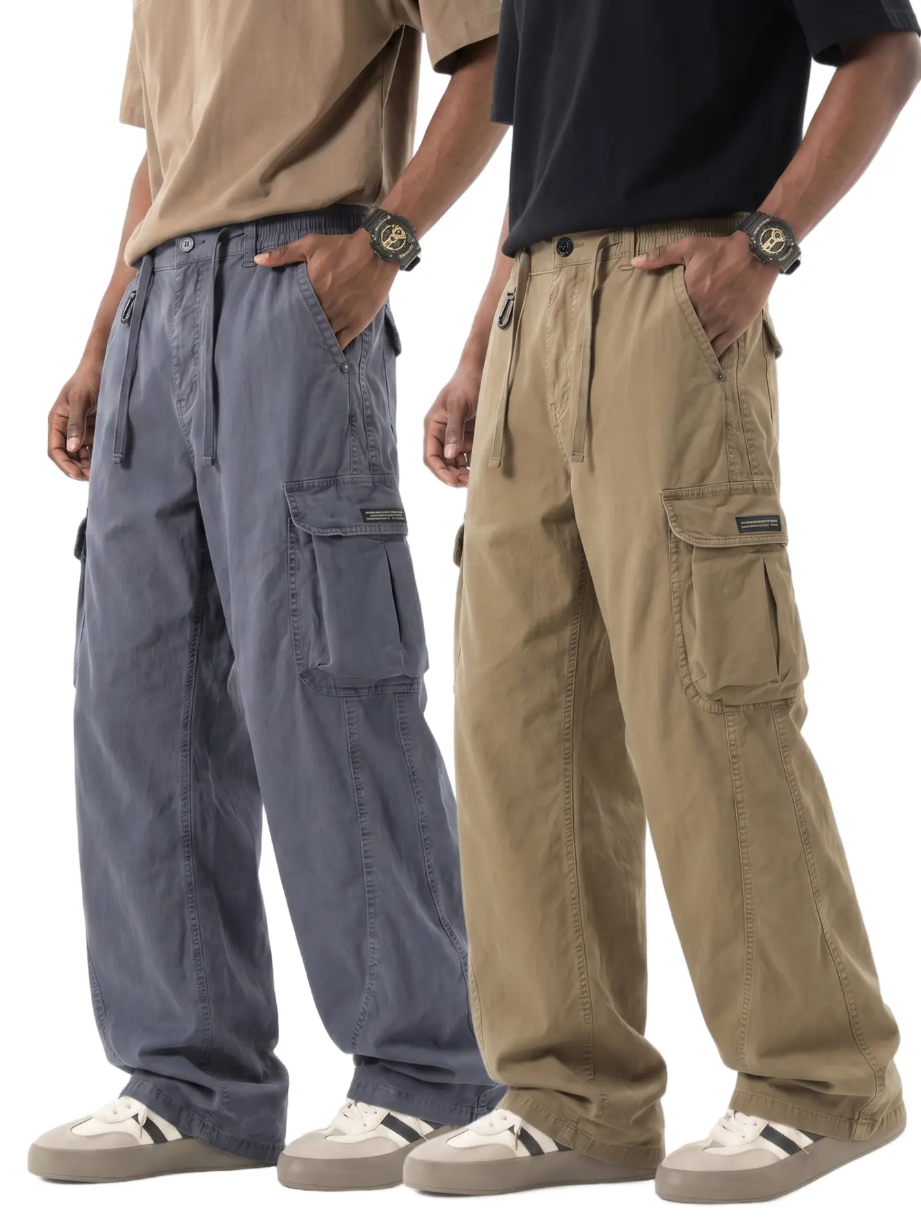 American vintage pure cotton work pants for men — elastic drawstring waist, 3D flap large pockets, loose straight cut