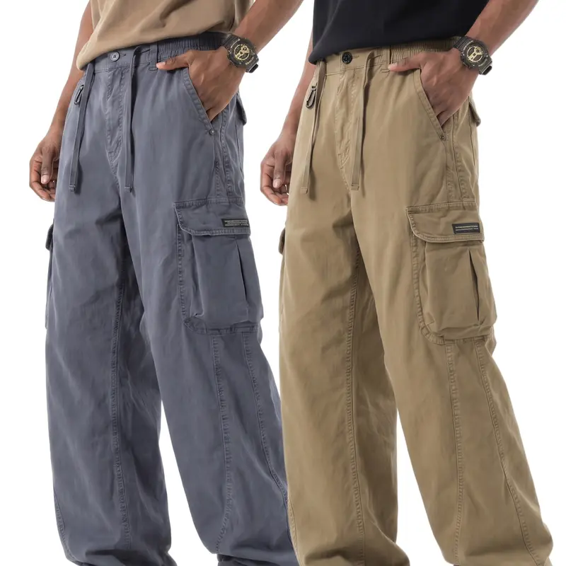 Men's American Vintage Pure Cotton Woven Fabric Workwear Trouser - Plain, Elastic Drawstring Waist, 3D Flap Large Pockets, Loose Straight Cut, With Pocket Men's Pants