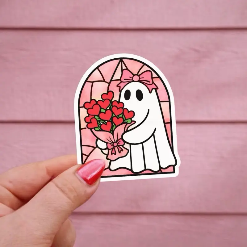 Ghost Valentines Day Bow Sticker, Pink Flowers Stained Glass Sticker, Cozy Girly Bow Kindle Sticker, Ipad Case Sticker, Notebook Decal