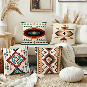Set of 4, Soft Plush Bohemian Geometric Design Cushion Covers, 45.72 cm by 45.72 cm, Retro Ethnic Style Home Decoration, Bedroom Decorative Accessories, Zippered Polyester Farmhouse Pillowcases for Living Room Sofa Outdoor Use