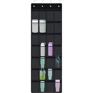 28-Pocket Over-the-Door Organizer for Large Tumblers, Water Bottles, Travel Mugs, Lids, Space-Saving Elastic Mesh Bottle Holder for Kitchen, Pantry, RV, Cabinet Doors (Black)