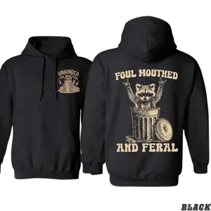 [Sale Up To 50%]Feral Trash Hoodie – "Foul Mouthed and Feral" Raccoon Graphic with Rock On Gesture, Perfect for Wild Souls, Meme Lovers, and Unapologetic Attitude Wearers, Unisex Hoodie for Street-Ready Humor Classic Menswear