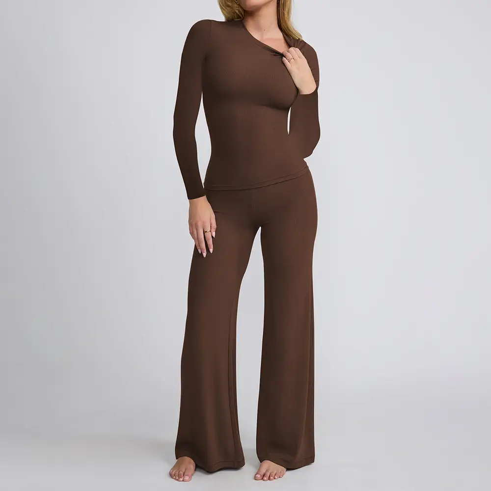 NANKEYSTAR Women 2 Piece Outfits Ribbed Sweatsuit Set Long Sleeve Tops Wide Leg Pant Lounge Set Tracksuit