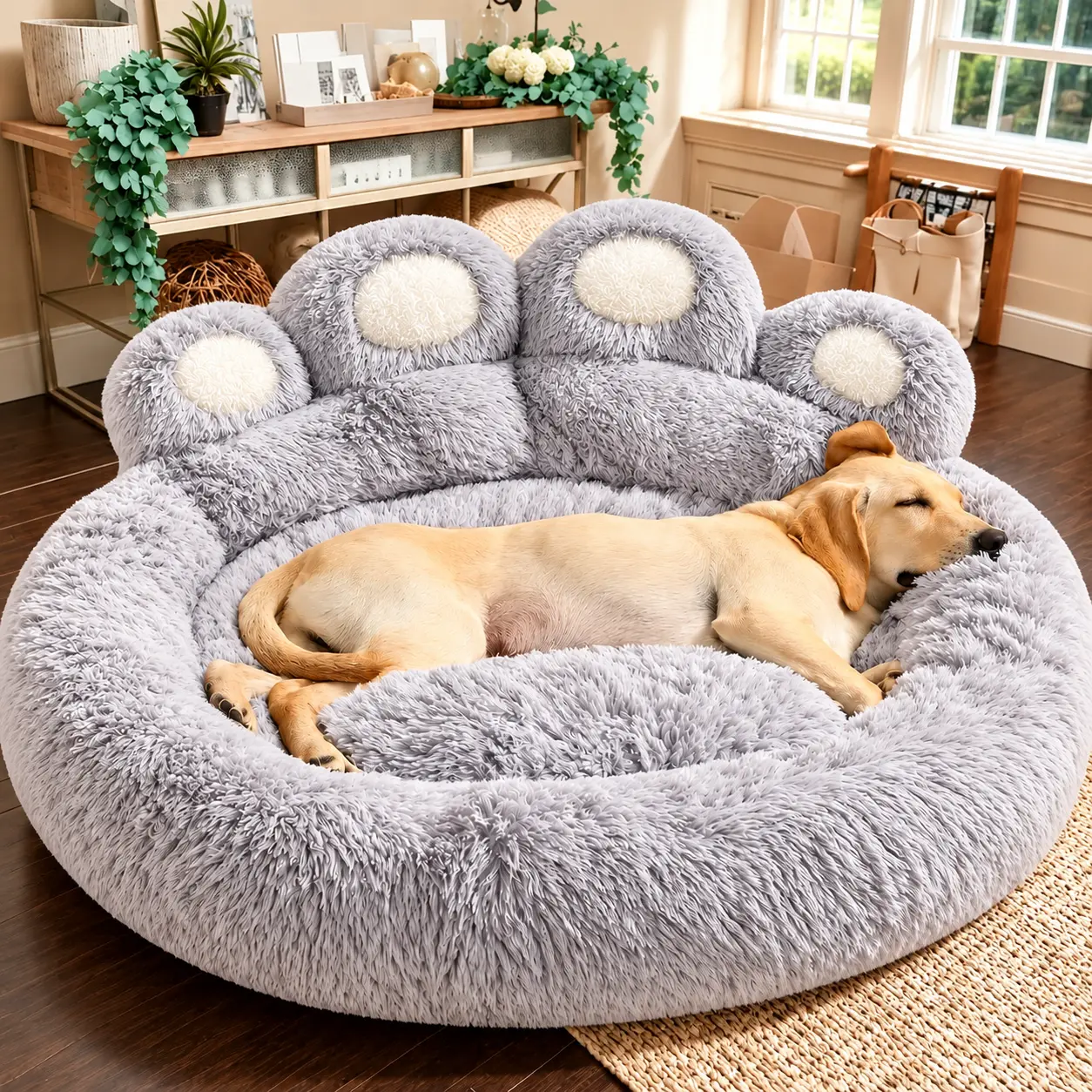 【Labor Day Gift】 Plush Fur Bear Claw Donut Pet Sofa Bed for Dogs & Cats, Calming Rest Puppy Bed, Anti-Slip Base, Warm Breathable Stuff, Joint Relief, 43x43in for 105 lbs Pets