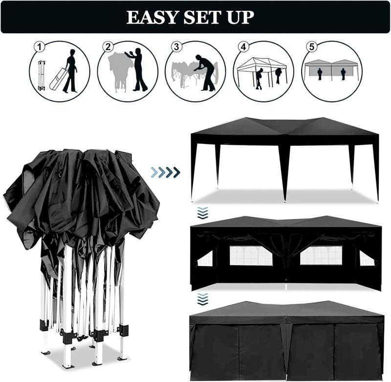 Ling Rong 10x20 Black Pop Up Canopy Outdoor Party Tent with 6 Sidewalls, Wedding Party Tent Outdoor Waterproof UV50 Canopy Event Shelter Tents for Parties, 6 pcs Weight Bag,Carry Bag