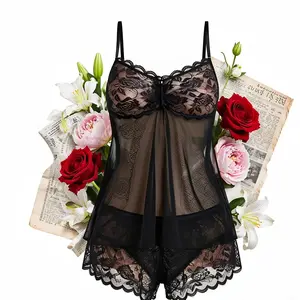 Sexy Black Rose Lace Mesh Lingerie Set | Sheer Cami Top & Floral Lace Shorts 2-Piece | Romantic Nightwear & Loungewear