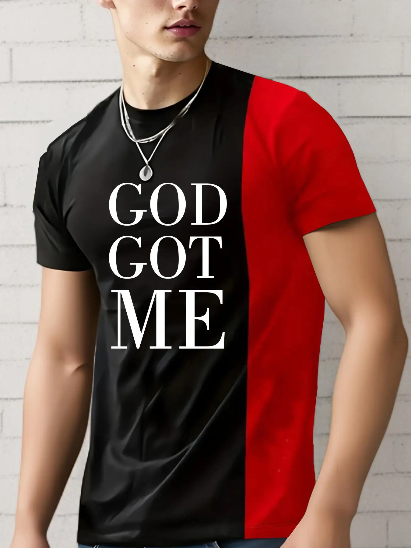 Men's Letter Print Round Neck Tee, Summer Clothes Colorblock Short Sleeve T-Shirt, Casual Regular Fit Crew Neck Tee Top for Summer Outdoor