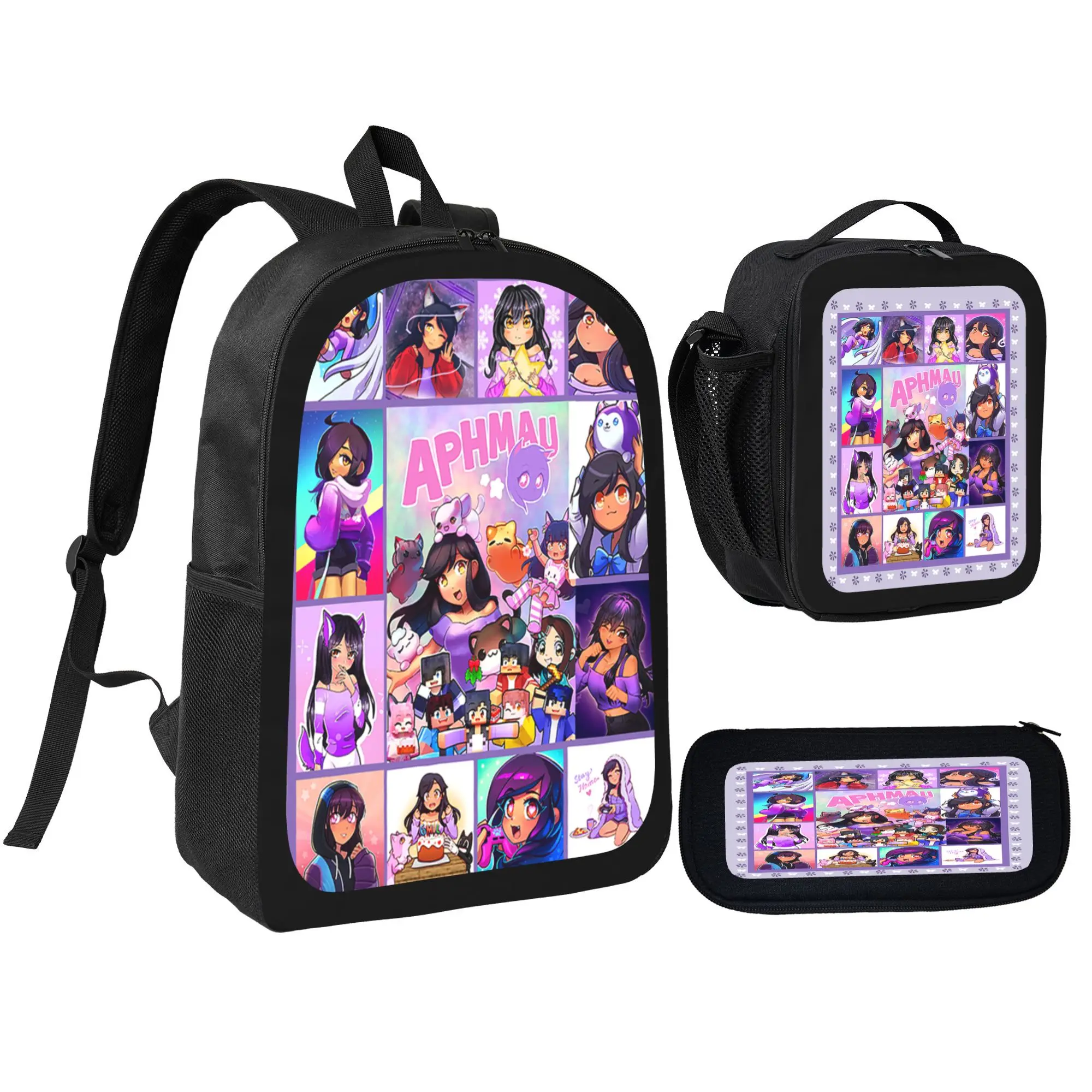 3PCS Aphmau Gaming Backpack, 17in Functional Daypack with Zipper, Adjustable Mesh Straps for Leisure Travel