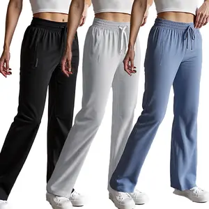 Women’s pants available in packs of 1–3 pieces, featuring zippered pockets; casual, comfortable wide-leg long pants suitable for beach vacations and relaxed wear; women’s bottoms for all seasons with a loose-leg design and a fitted silhouette.
