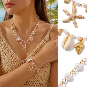 Women's 2-Piece Ocean-Style Costume Jewelry Set - Pearl, Shell, Starfish Necklace, Bracelet, Daily Wear Accessory, Ideal Gift