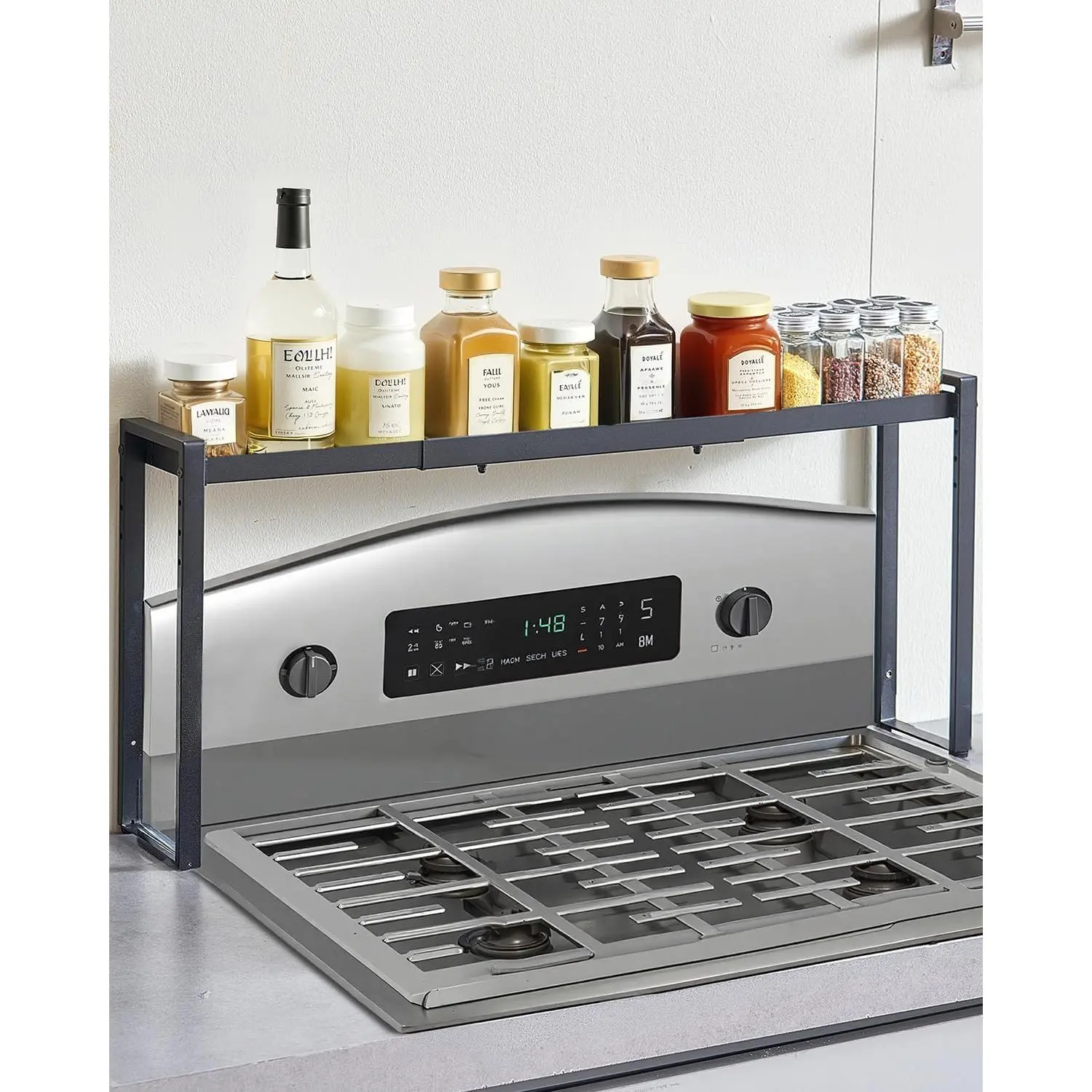 VEVOR Over the Stove Shelf, Adjustable 27-33Inch Spice Organizer, 4 Level Expandable Height Spice Rack for Kitchen Stove Top, Spice Organizer, Countertop Seasoning Organizer Storage Solution, Black