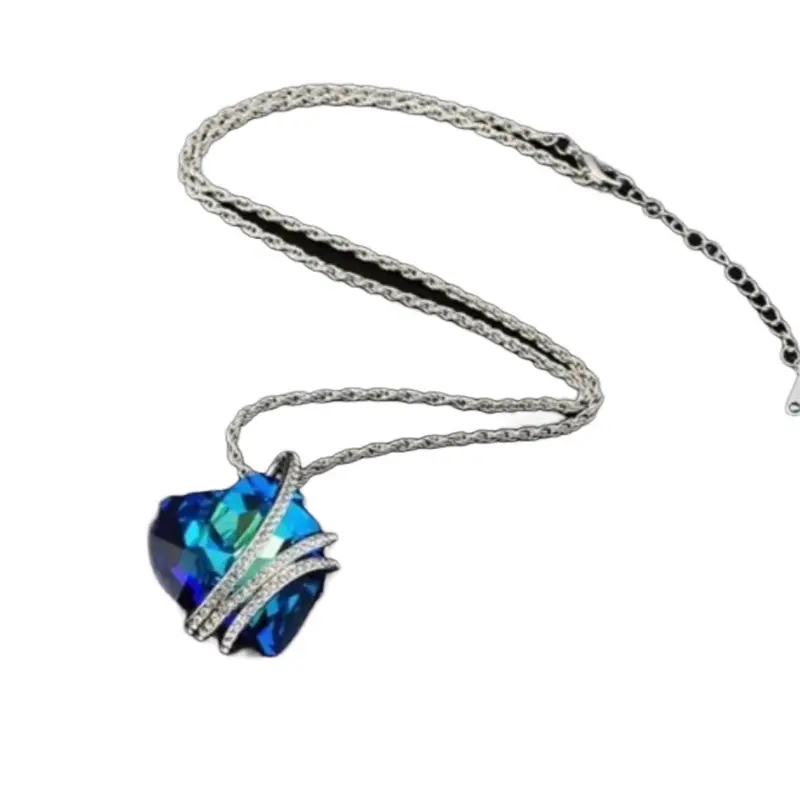 Begum Sapphire Heart Pendant Necklace – Elegant Silver Chain with Blue Crystal Charm