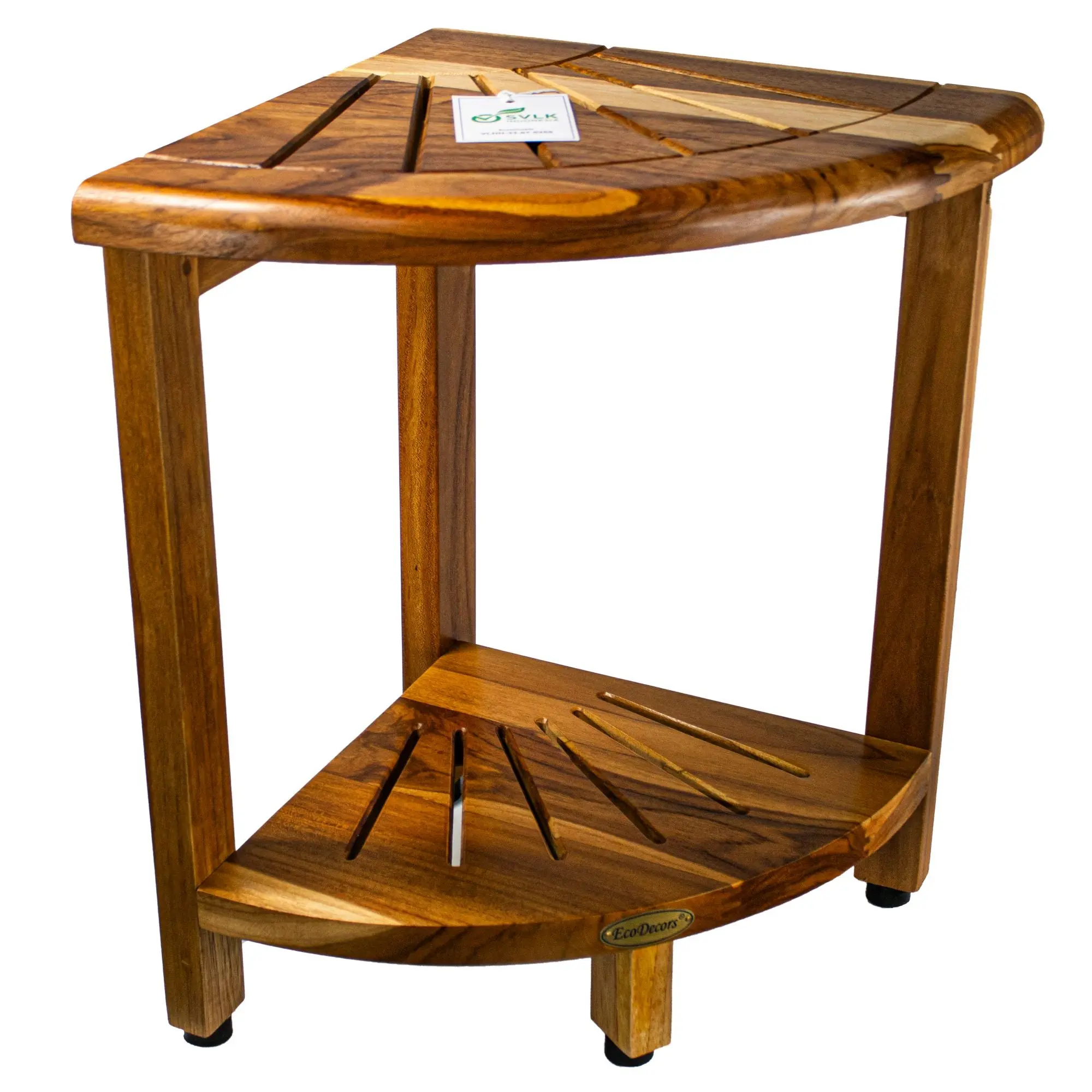 EcoDecors 18" Teak Corner Shower Bench with Shelf – Waterproof Teak Shower Seat for Inside Shower, Corner Bathroom Storage Shelf, Non-Slip Adjustable Feet, Solid Teak Wood Stool