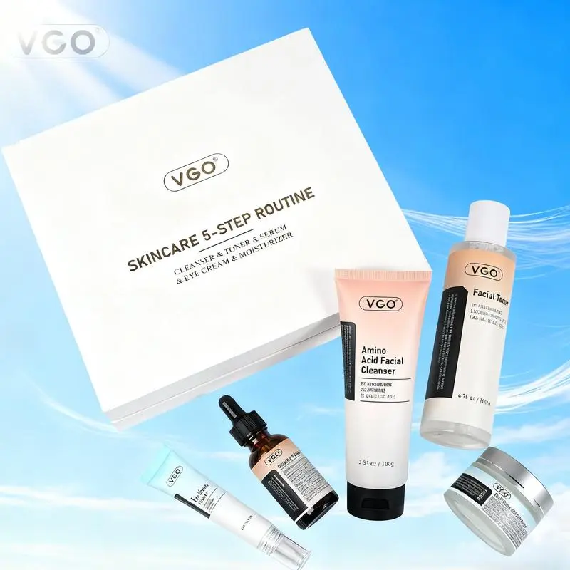 VGO 5-in-1 Skincare Set for Dry Skin - Gentle Daily Routine to Hydrate with Vitamin C, Cleanser, Serums & Moisturizer, Cleansing, Moisture, Nourishing, All Skin Types, Multi-Product Set, 30G, Alcohol-Free, Facial, Hydrating, Moisturizing, Skin Repair