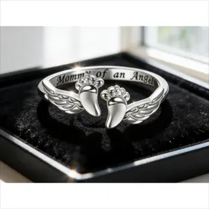 Mommy of an Angel Open Woman Ring - Infant Loss Memorial Jewelry with Angel Footprints & Wings, Adjustable Sympathy Gift